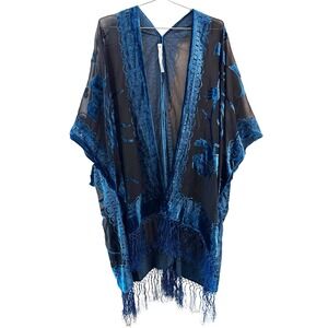 AZIZA BY BIZ Floral Velvet Burn Out Sheer Fringe Duster • One Size • blue, black